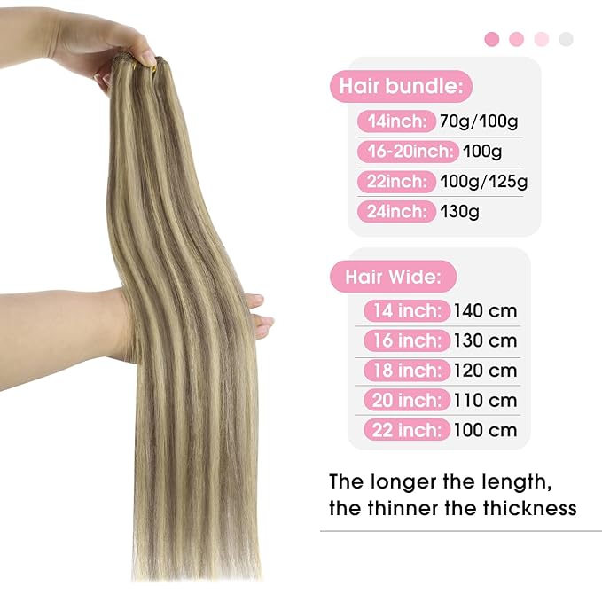 YoungSee Sew in Hair Extensions Real Human Hair Highlight Hair Extensions Weft Light Brown with Blonde Highlight Hand Tied Weft Hair Extensions Human Hair 20Inch 100G