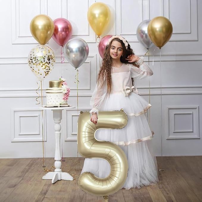Metallic Gold 5 Balloons, 40 Inch Giant Light Gold Mylar Foil Number 0-9 Helium - Image 5