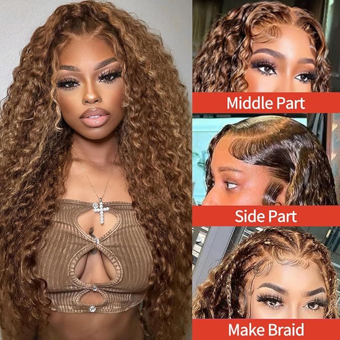 Highlight Ombre 13x6 Lace Front Wig Human Hair Deep Wave Honey Blonde Glueless HD Transparent Lace Frontal Wigs for Women 180 Density Human Hair (highlight ombre deep wave, 32 inch)