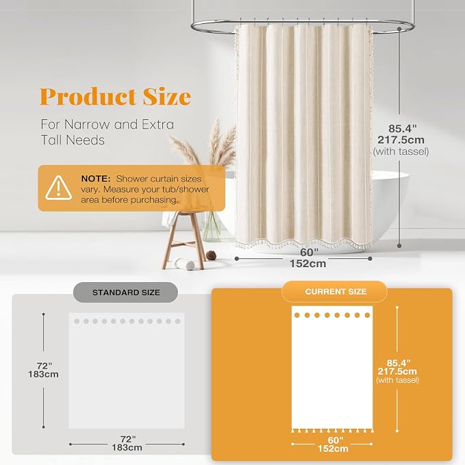 60 x 84 Boho Linen Heavy Duty Cloth Shower Curtain Set, Cream/Beige | Narrow - Image 3