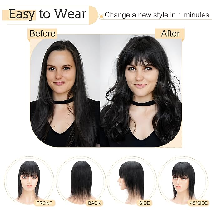 SEGO Hair Toppers for Women Real Human Hair With Bangs, 7 * 13CM Silk Base 100% Remy Human Hair Clip in Top Wiglet Hairpieces Add Volume -18 Inch Jet Black