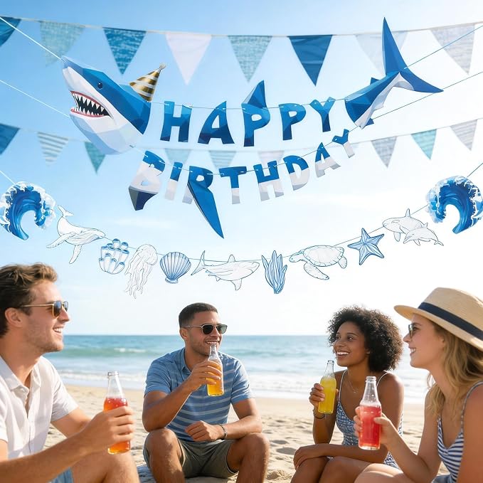 SUNBEAUTY Shark Birthday Party Decorations Shark Happy Birthday Banner Ocean - Image 7