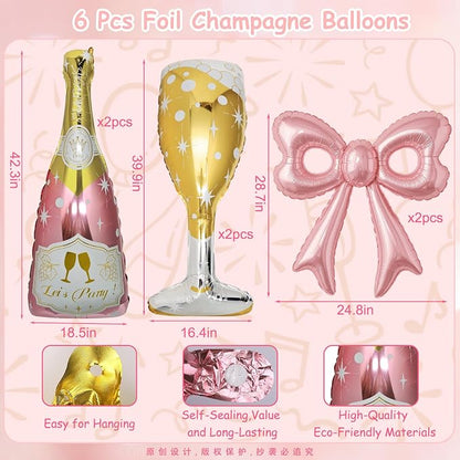 6 Pcs Pink Bow Balloons, Huge Rose Gold Champagne Bottle Goblet Aluminum Foil - Image 6