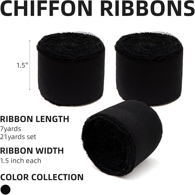KEOSREE 3 Rolls Black Handmade Chiffon Ribbon, 1.5" x 21Yd | Frayed Fringe Silk - Image 2