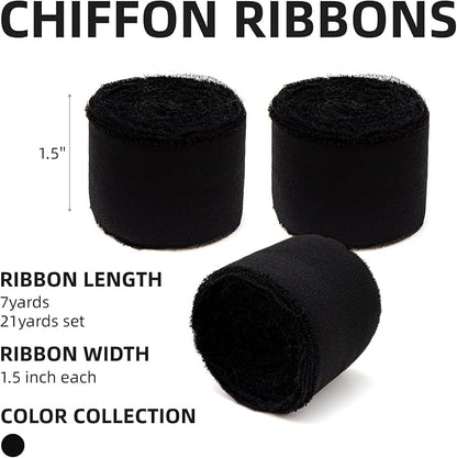 KEOSREE 3 Rolls Black Handmade Chiffon Ribbon, 1.5" x 21Yd | Frayed Fringe Silk - Image 2