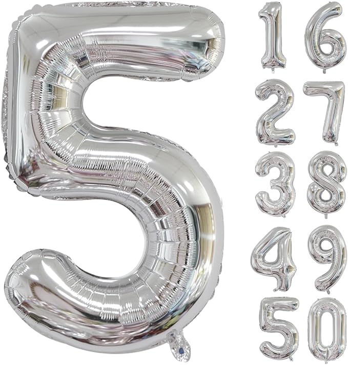 40 inch Silver Number Balloon Giant Foil Helium Balloons Silver Number 5 Balloon by Yeodong