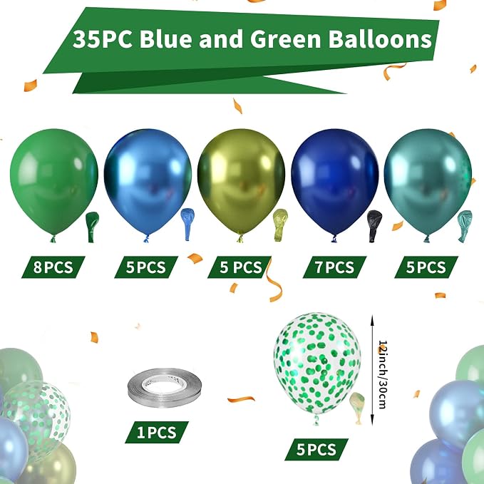 Blue and Green Balloons, Dark Green Metallic Balloons and Royal Blue Balloon - Image 2