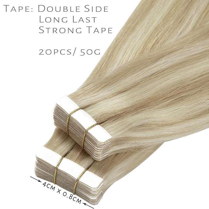 Lacer Tape in Hair Extensions Human Hair Highlight Ash Blonde to Light Blonde Color Seamless PU Skin Weft 100% Real Virgin Hair Double Side Tape in Extensions 50g 20pcs/set 14 Inch