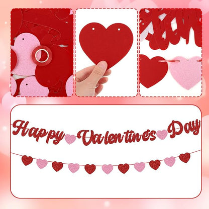 Happy Valentines Day Banner Glitter Valentines Banner Red Pink Heart Garland - Image 3