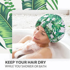 INNELO Luxury Shower Cap for Women Reusable Waterproof, Double Layered Shower Hair Cap with Adjustable Elastic Strap, Large Satin Lined Shower Bath Cap for Long Curly Straight Hair, Palm leaves