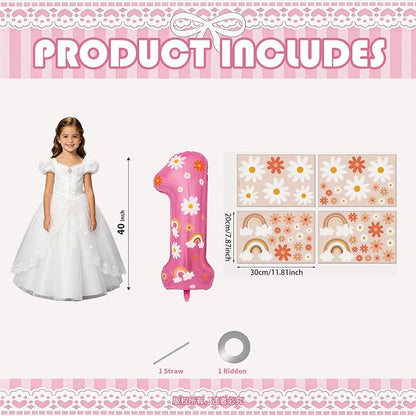 1st Birthday Daisy Balloon, 40 Inch Pink Number 1 Boho Party Decor | Daisy - Image 3