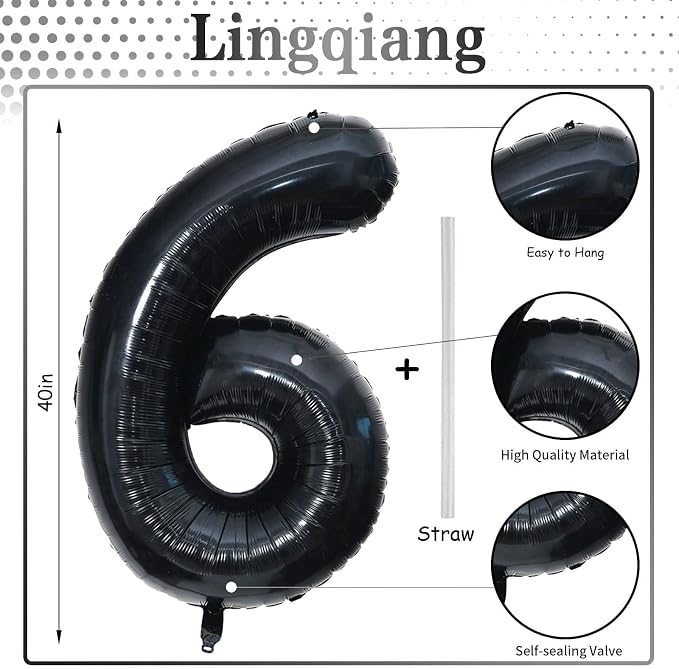 Black Balloon Number 6, 40 Inch Large Self Inflating Foil Number Balloons 0-9 - Image 2