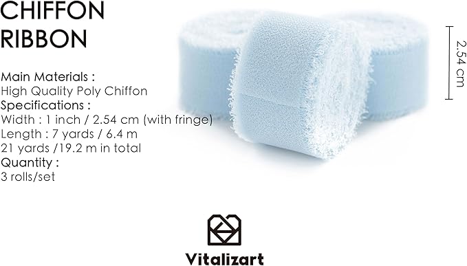 Vitalizart Baby Blue Chiffon Silk Ribbon 1" x 21 Yd Fringe Fabric Package - Image 2