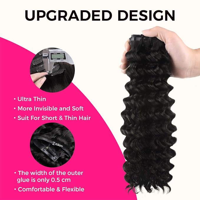 Lashey Clip in Hair Extensions 110g 7pcs Deep Wave Seamless Clip in Hair Extensions Human Hair 16 Inch Natual Black Thick Human Hair Extensions for Women