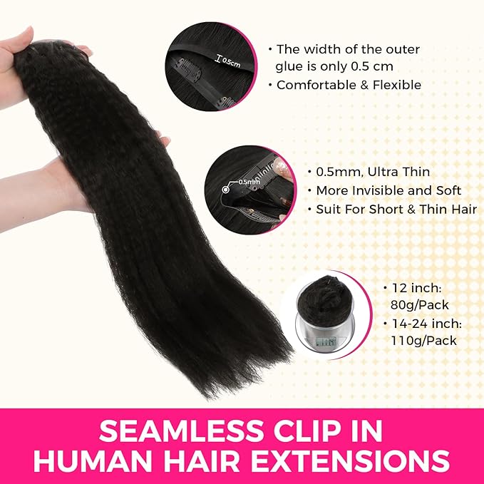 Lashey Clip in Hair Extensions Real Human Hair 110g Kinky Straight Seamless Clip in Hair Extensions Natural Black 14 Inch Human Hair with Invisi Edge for Black Women