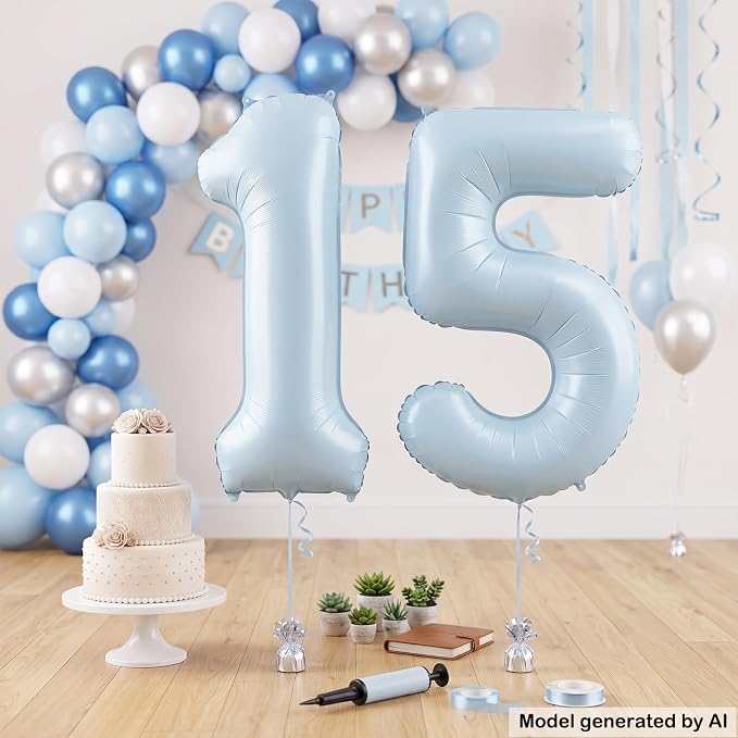 40" Light Blue Foil Number 15 Balloon - Image 4
