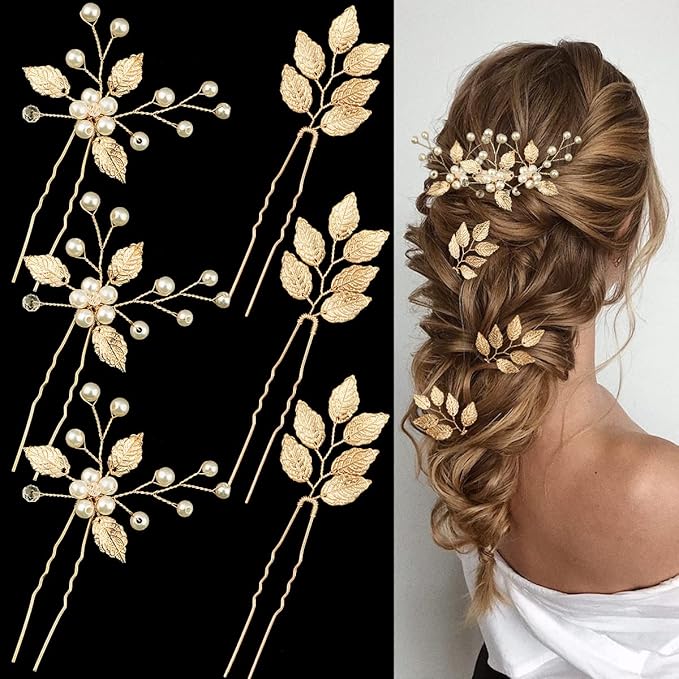 6 Pieces Bridal Wedding Hair Pins Gold Leaf Crystal Pearl Hair Pins Clips Headpiece Vintage Wedding Hair Accessories Jewelry with Rhinestone for Brides Bridesmaids Flower Girls (Classic)