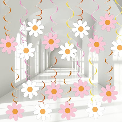 60pcs Pink Daisy Flower Hanging Swirls Pink Daisy Foil Swirls Ceiling Hanging by ZOIIWA