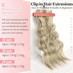 KooKaStyle Clip in Synthetic Highlight Hair Extensions Long Wavy 4PCS Thick Hairpieces Ashy Beige Blonde Balayage Fiber Double Weft Natural Hair Extensions 20 Inch for Women