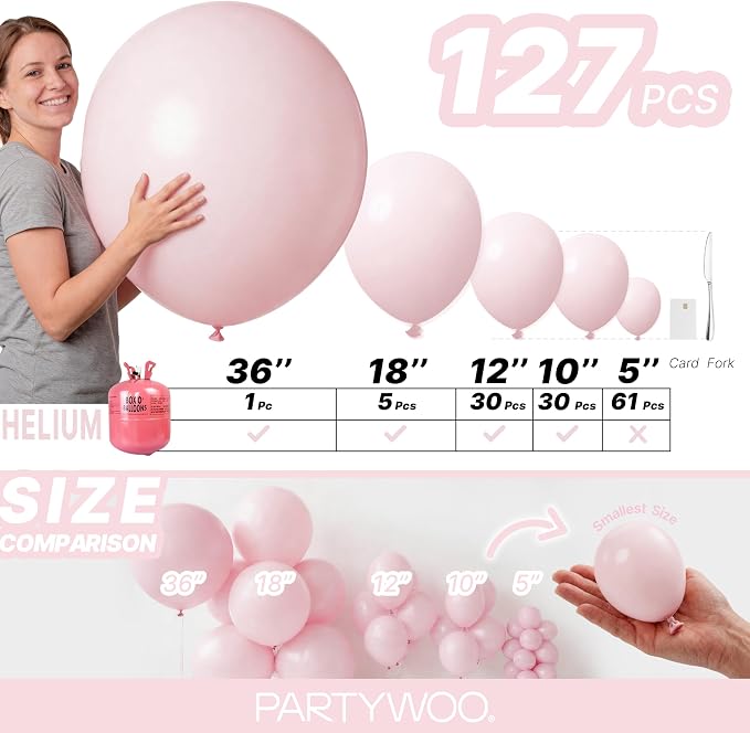 PartyWoo Pale Pink Balloons 127pcs Light Pastel Baby Pink Color | 36 18 12 10 5 - Image 6