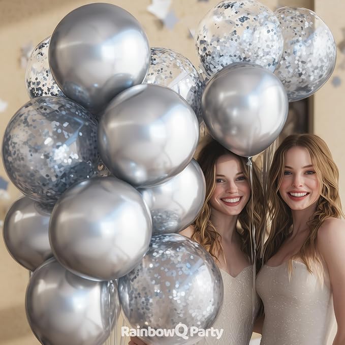 RainbowQ Metallic Silver Balloons 55Pcs 12 Inch Confetti Helium | Chrome Silver - Image 6