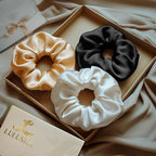 LULUSILK Silk Scrunchies for Hair Sleep, 100% Real Mulberry Silk, No Damage Hair Ties for Women and Girls, Black White and Gold, Pack of 3