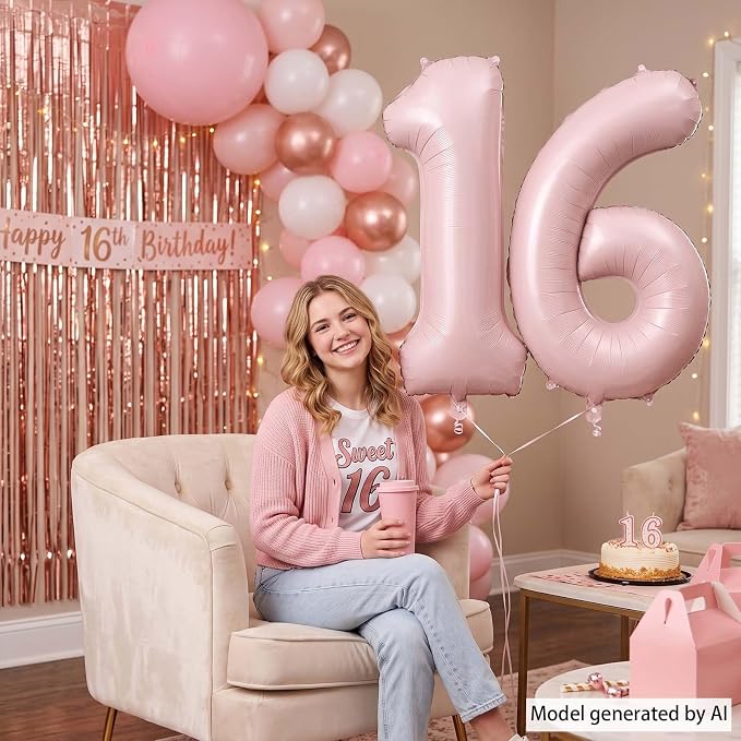 Blush Pink Number 16 Balloon 40 Inch, Foil Digits Theme Party Supplies | Matte - Image 2