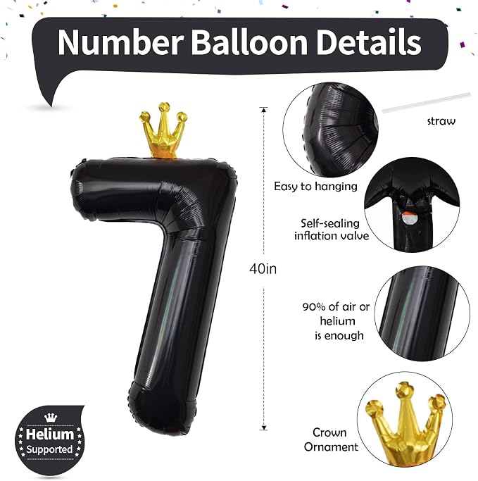 Black Crown Number 7 Balloon, 40 Inch Number 0-9 Set - Image 2