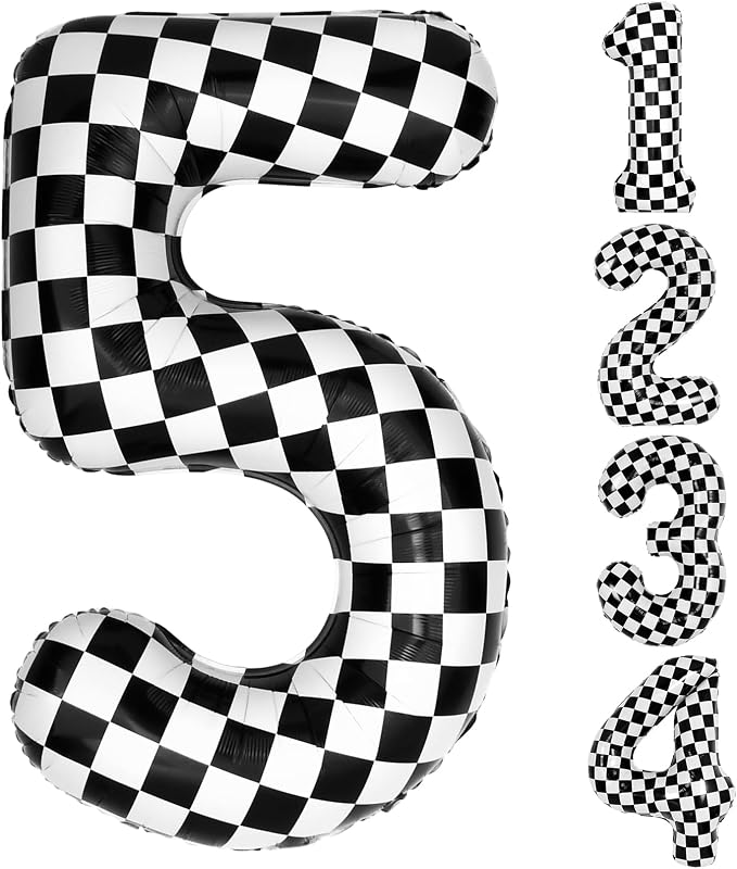 40 Inch Checkered 5 Balloons, Boys Girls Racing Car Track Theme Supplies by AXBMM
