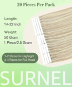 SURNEL Tape in Hair Extensions 22 inch Ash Blonde Highlight Bleach Blonde Tape in Human Hair Extensions 20pcs 50g(#18P613-22)