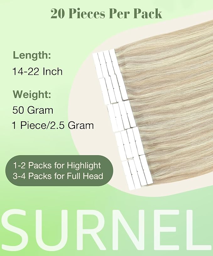 SURNEL Human Hair Tape in Extensions Double Drawn Ash Blonde Highlight Bleach Blonde Tape in Hair Extension 20 inch 20pcs 50g(#18P613-20)