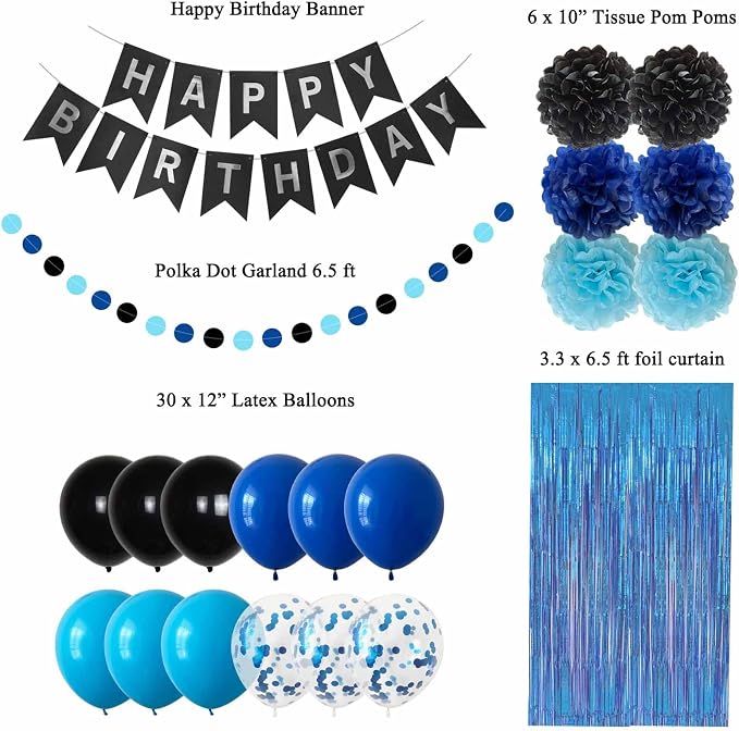 ANSOMO Blue and Black Happy Birthday Party Decorations - Image 3