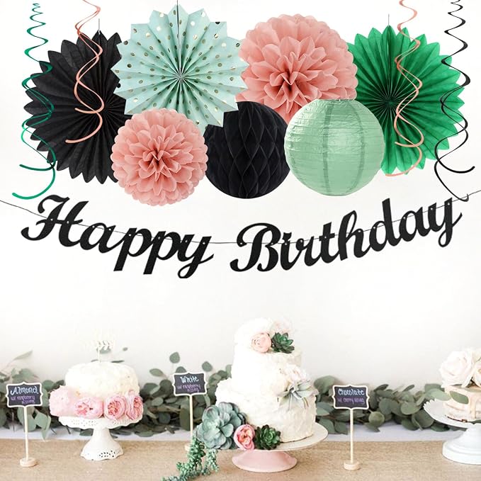 Sage-Green Blush-Pink Black Birthday Party-decorations - Image 5
