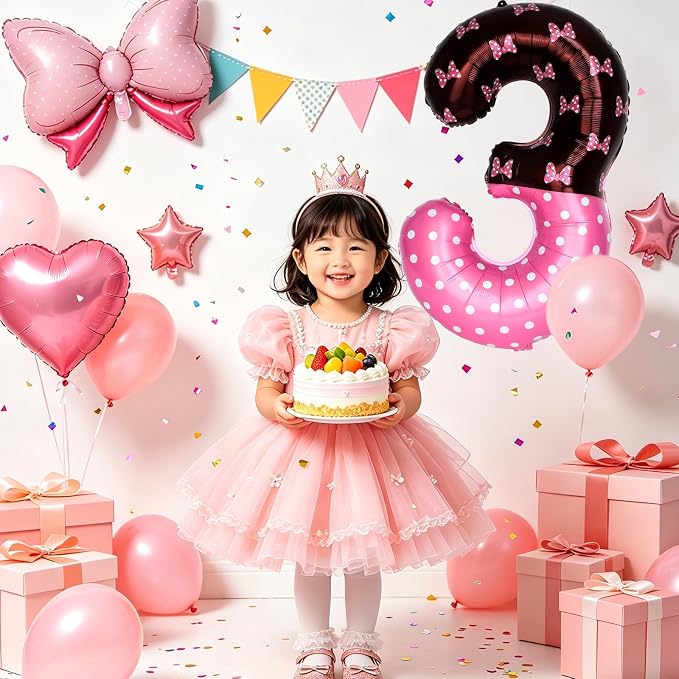 40 Inch Pink Cartoon Mouse Number 3 Balloon, Birthday Party Decorations | Black - Image 6