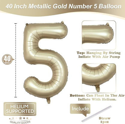 Metallic Gold 5 Balloons, 40 Inch Giant Light Gold Mylar Foil Number 0-9 Helium - Image 2