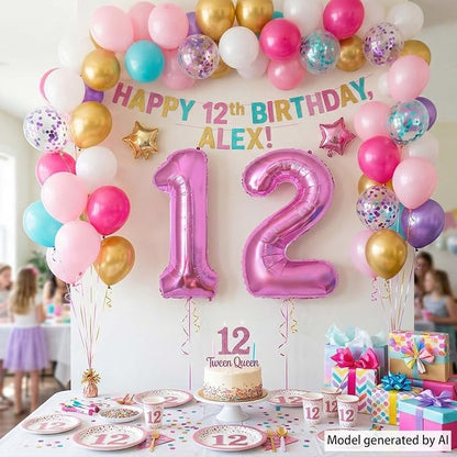 Pink Number 12 Balloon 40 Inch, Sleek Metallic Foil Party Supplies | Stunning - Image 3