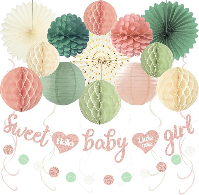 Sage Green and Blush Pink Baby Shower Decorations by Aonor