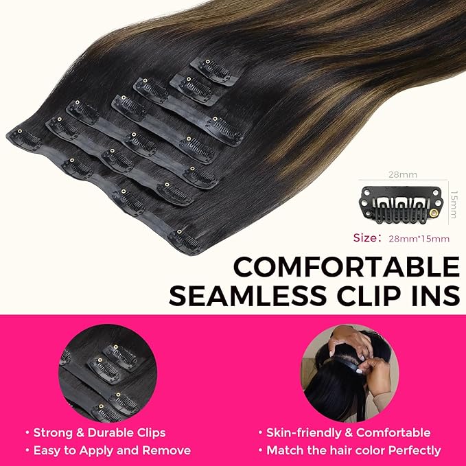 Lashey Seamless Clip in Hair Extensions Human Hair Light Yaki Natural Black Mixed Chestnut Brown 16 Inch 7pcs 110g Real Human Hair Clip ins for Black Women