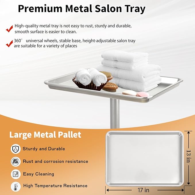 Salon Tray on Wheels, Rolling Tattoo Tray, Adjustable Hair Stylist Tray, Metal Mayo Stand Tray, Salon Color Tray Use As Medical Tray, No-Rusting