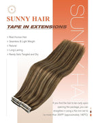 Sunny Hair Tape in Hair Extensions Real Human Hair Invisible Remy Hair Extensions Tape ins for Women Dark Brown Highlight Caramel Blonde 22 inch 20Pcs 50G