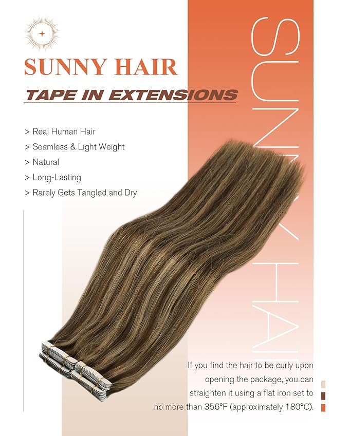 Sunny Hair Tape in Hair Extensions Real Human Hair Invisible Remy Hair Extensions Tape ins for Women Dark Brown Highlight Caramel Blonde 18 inch 20Pcs 50G