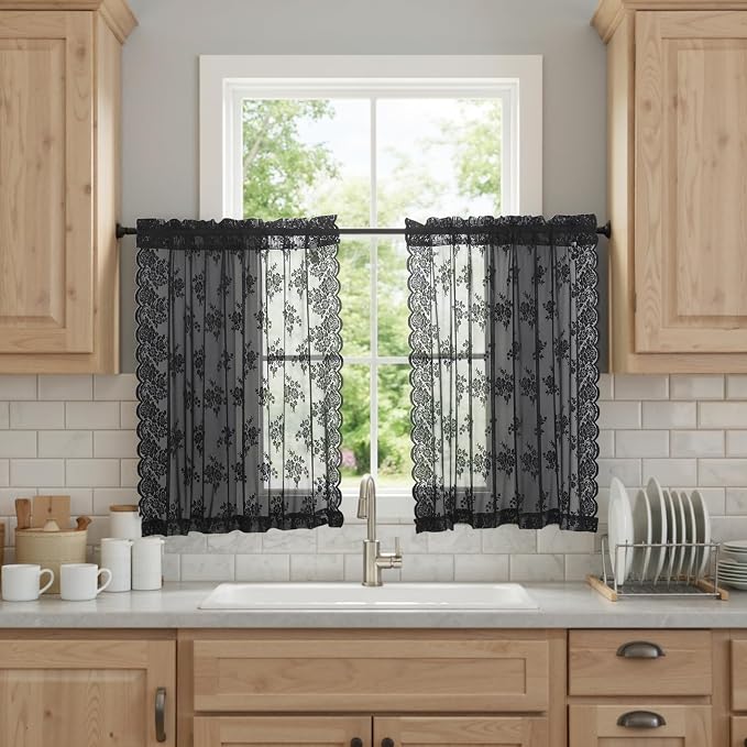 Kotile Black Floral Lace Curtains - Image 6