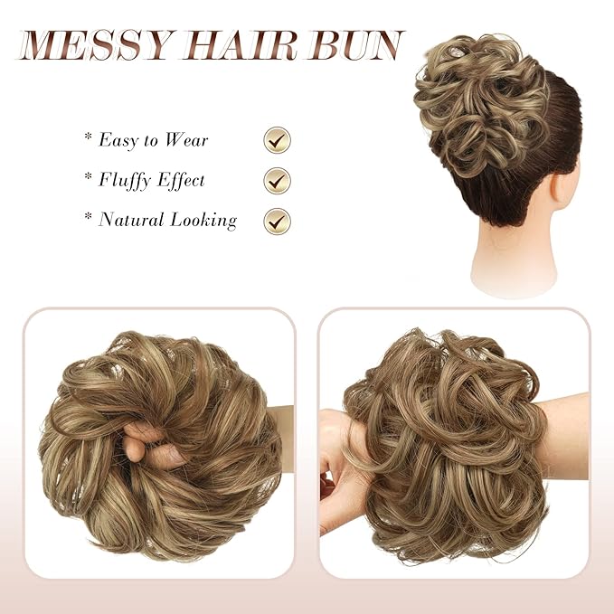 FESHFEN Messy Bun Hair Pieces - Large Wavy Curly Elastic Hair Bun Scrunchies Ponytail Extensions Synthetic Chignon Hairpieces for Women, Brown & Blonde 1.94oz