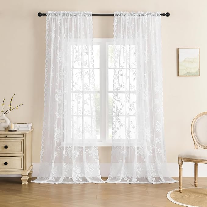 White Lace Curtains 102 Inches Long Victorian Sheer Floral Curtains by SEEKRIGHTHomeDecor