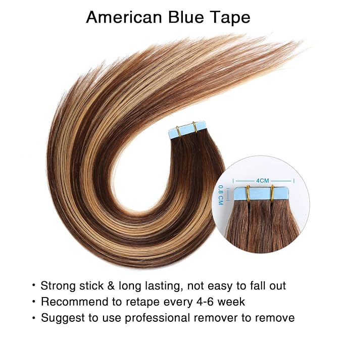 SUYYA Tape in Hair Extensions Human Hair 50g/pack 20pcs Straight Seamless Skin Weft Tape in Real Hair Extensions Ombre Balayage Chocolate Brown to Caramel Blonde(12inch #P4/27/T4)