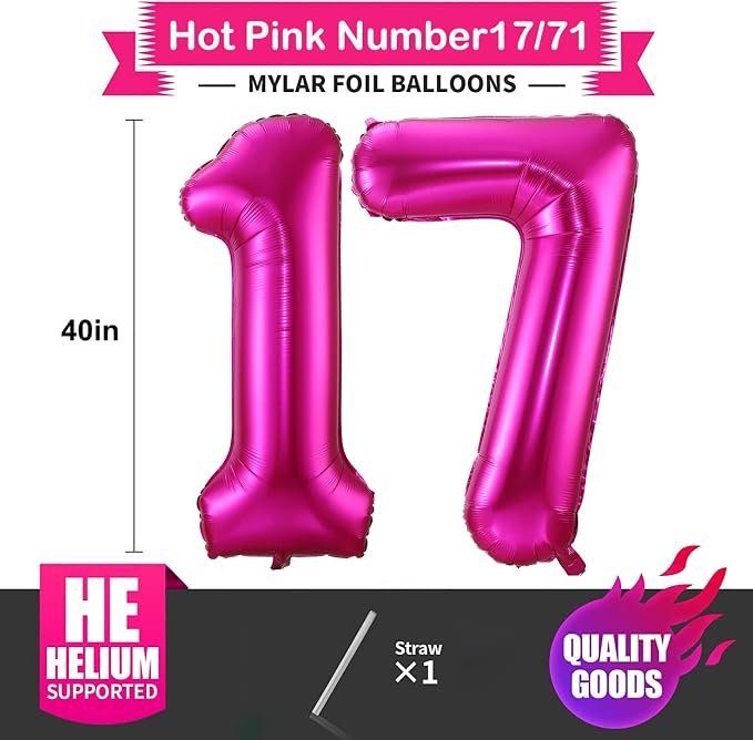 Hot Pink 17 Balloon Numbers, 40 Inch 17th or 71st Birthday Balloon Foil Mylar - Image 2