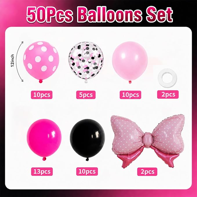 Pink and Black Balloons with 2Pcs Pink Bow Balloons - Image 2
