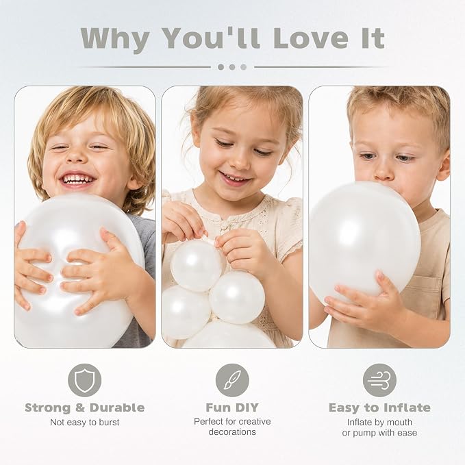 Pearl White Balloons, 12 Inch Pearlescent Pearl Latex Party Balloons | White - Image 3