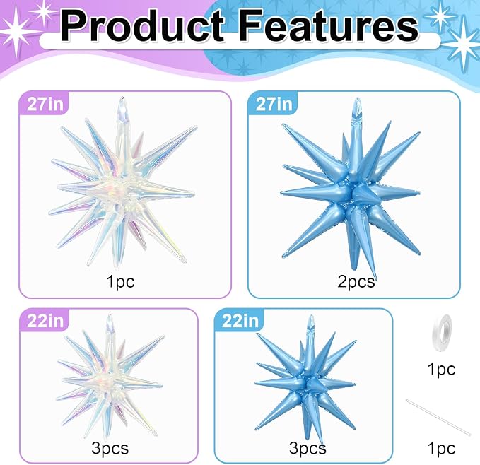 9Pcs Light Blue and Iridescent Star Balloons, Large Explosion Foil Balloons - Image 2