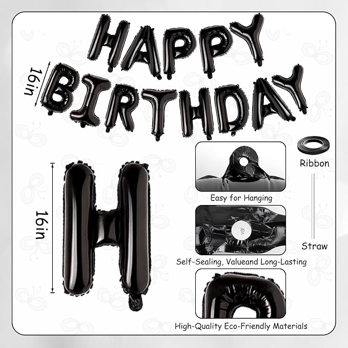 Black Happy Birthday Balloons Banner, 16 Inch Black Letters Aluminum Foil - Image 6